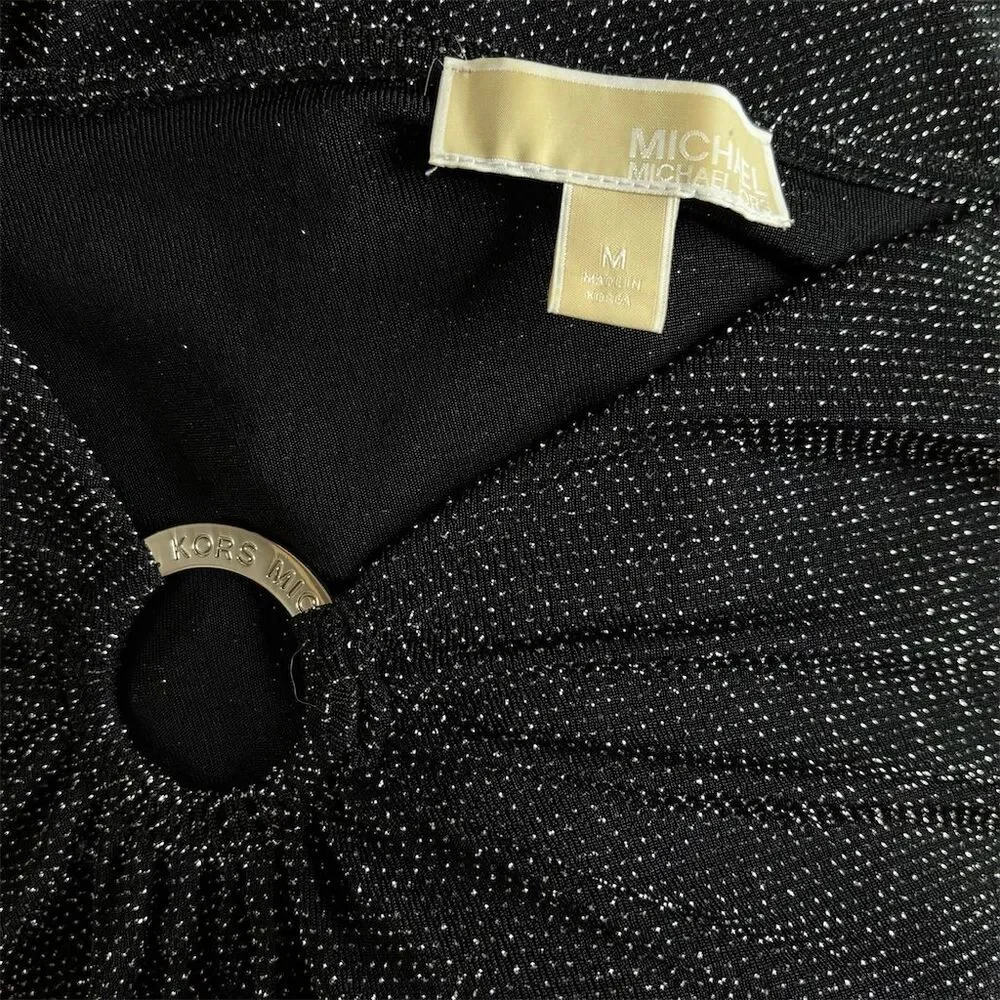 Michael Kors Black Silver Shimmer Metallic Logo O Ring Asymmetric Neckline Top
